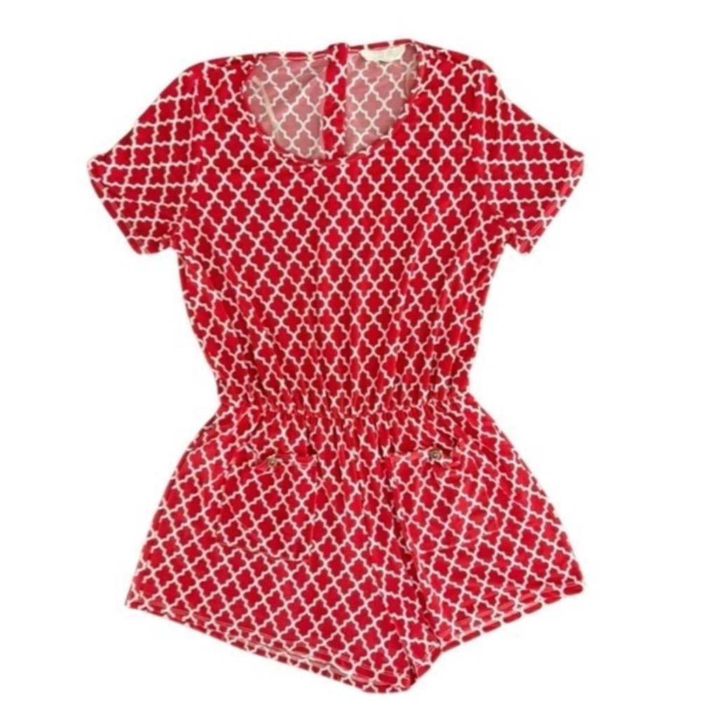 Peach Love of California Womens S Romper  Red & White Moroccan Mosaic‎ Print